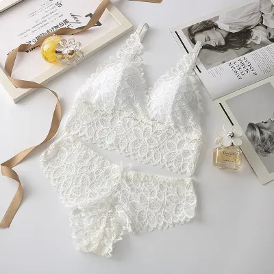 Women Fashion Sexy Basic Solid Color Breathable Lace Non-Rims Bra Underpants Set