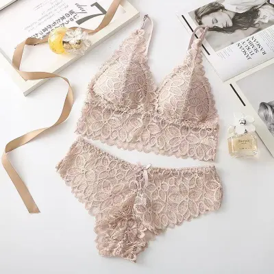 Women Fashion Sexy Basic Solid Color Breathable Lace Non-Rims Bra Underpants Set