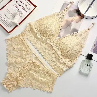 Women Fashion Sexy Basic Solid Color Breathable Lace Non-Rims Bra Underpants Set