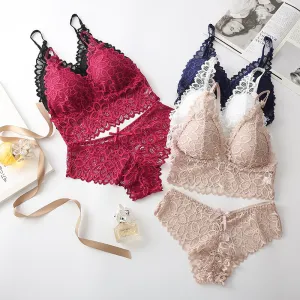 Women Fashion Sexy Basic Solid Color Breathable Lace Non-Rims Bra Underpants Set