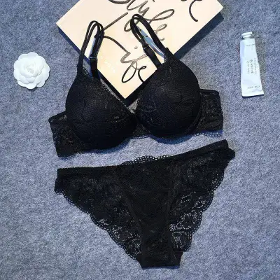 Women Fashion Sexy Basic Solid Color Lace Bra Underpants Set