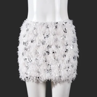 Women Fashion Sexy Spring And Summer Sequins Plush Low Waist Skirt