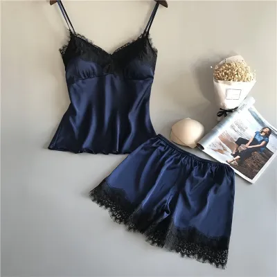 Women Fashion Sexy Solid Color Lace Edge Camisole Loose Shorts Pajamas Two-Piece Set