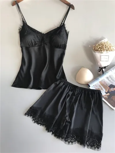 Women Fashion Sexy Solid Color Lace Edge Camisole Loose Shorts Pajamas Two-Piece Set