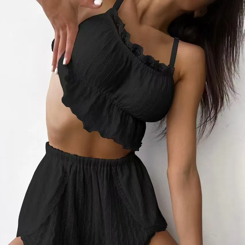 Women Fashion Sexy Solid Color Hollow Lace Edge Camisole Loose Shorts Pajamas Two-Piece Set