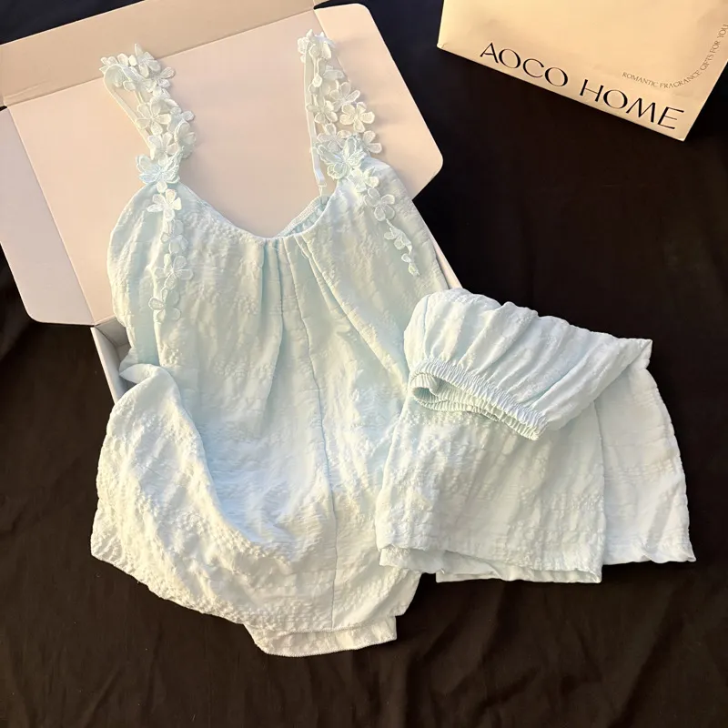 Women Fashion Sexy Solid Color Flower Strap Camisole With Chest Pad Loose Shorts Pajamas Two-Piece Set