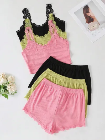Women Fashion Sexy Solid Color Pit-Strip Lace Edge Camisole Shorts Pajamas Two-Piece Set