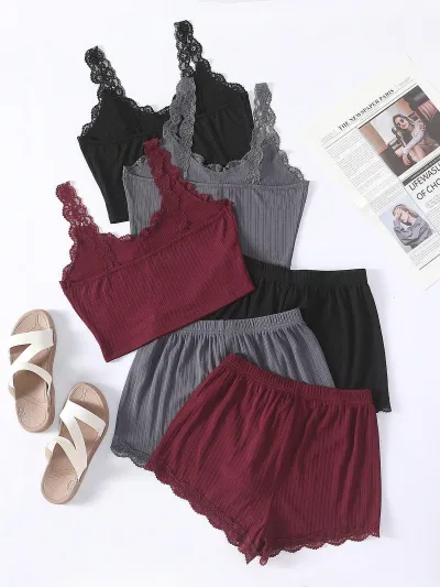Women Fashion Sexy Solid Color Pit-Strip Lace Edge Camisole Shorts Pajamas Two-Piece Set
