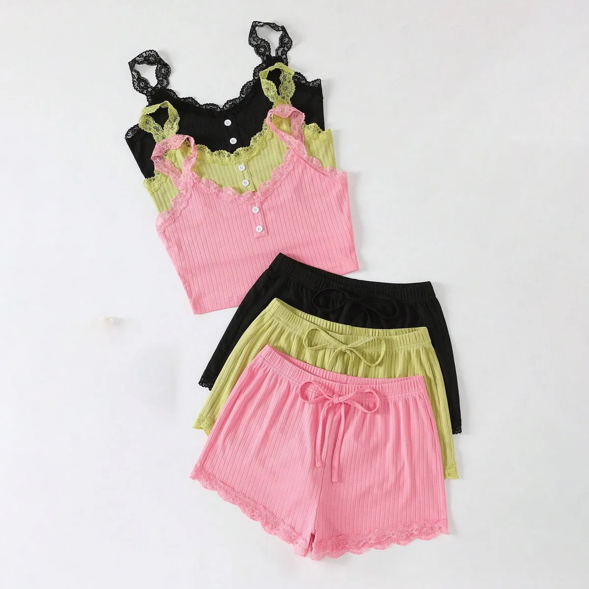 Women Fashion Sexy Solid Color Pit-Strip Lace Edge Camisole Shorts Pajamas Two-Piece Set