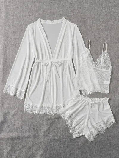 Women Fashion Sexy Solid Color Mesh Lace Camisole Shorts Long-Sleeve Cardigan Pajamas 3-Piece Set