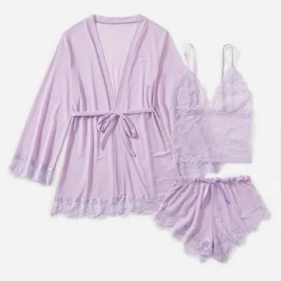 Women Fashion Sexy Solid Color Mesh Lace Camisole Shorts Long-Sleeve Cardigan Pajamas 3-Piece Set