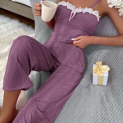 Women Fashion Sexy Solid Color Rib Lace Edge Camisole Loose Pants Pajamas Two-Piece Set