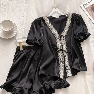 Women Fashion Casual Thin Ice Silk Lace Edge Short-Sleeve Top Loose Shorts Pajamas Two-Piece Set