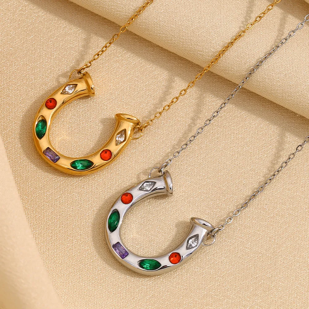 Women Fashion Creative U-Shaped Horseshoe Zircon Pendant 316L Stainless Steel Plated 18k Gold Necklace