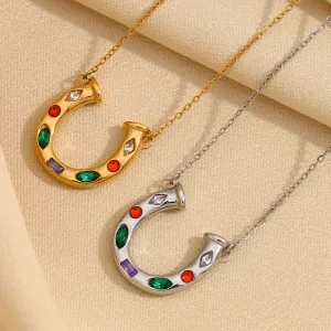 Women Fashion Creative U-Shaped Horseshoe Zircon Pendant 316L Stainless Steel Plated 18k Gold Necklace