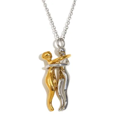 Women Fashion Creative Gold Lovers Hug Two-Tone 316l Stainless Steel Plated 18k Necklace