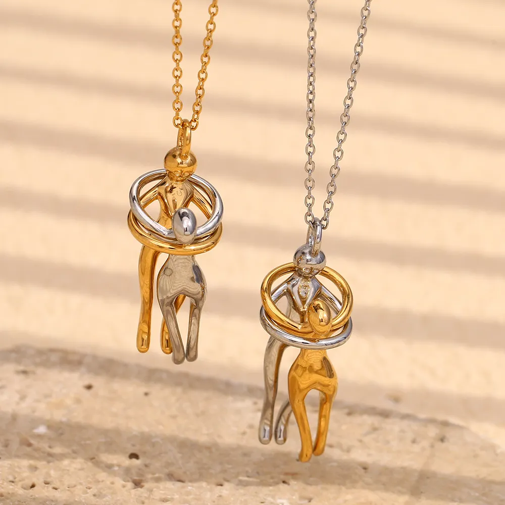 Women Fashion Creative Gold Lovers Hug Two-Tone 316l Stainless Steel Plated 18k Necklace