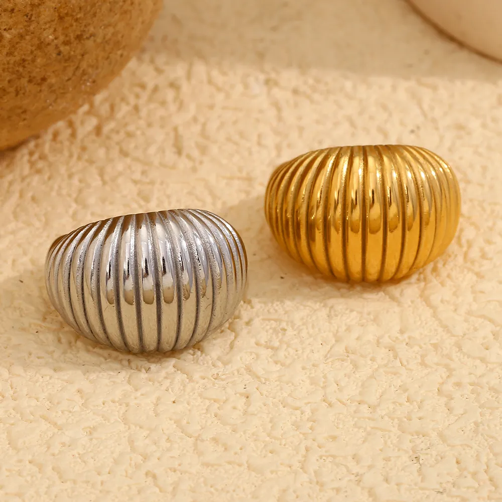 Women Fashion Pleated Geometric 316L Stainless Steel Plated 18k Gold Ring