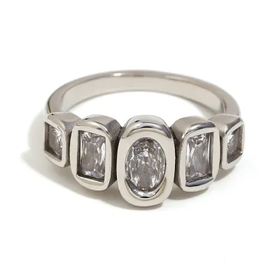Women Fashion Geometric Zircon Arrangement 316L Stainless Steel Plated 18k Gold Ring
