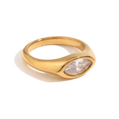 Women Fashion Simple 316L Stainless Steel Plated 18k Horse Eye Zircon Seal Ring