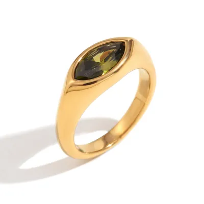 Women Fashion Simple 316L Stainless Steel Plated 18k Horse Eye Zircon Seal Ring