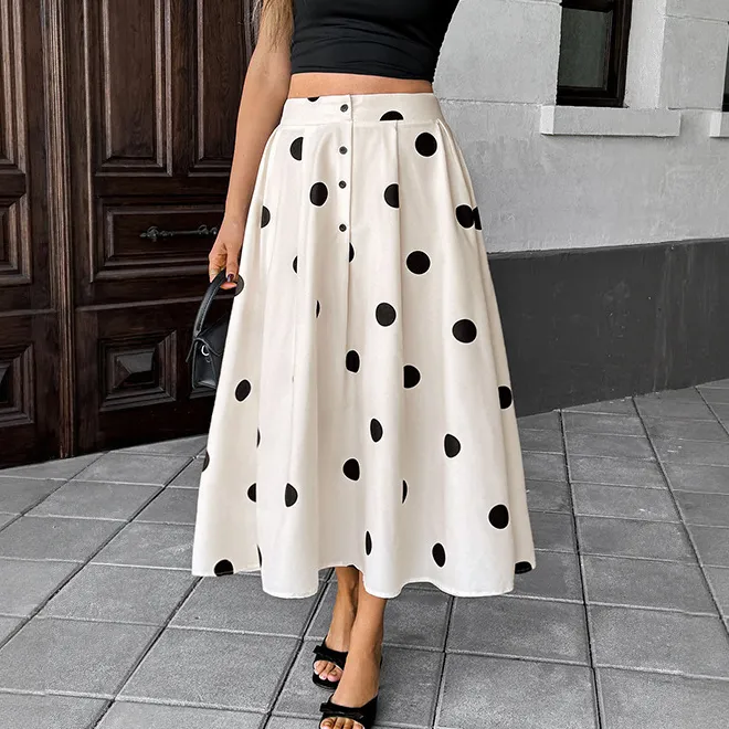 Women Fashion Elegant Summer Polka Dot Print Loose A- Line Skirt