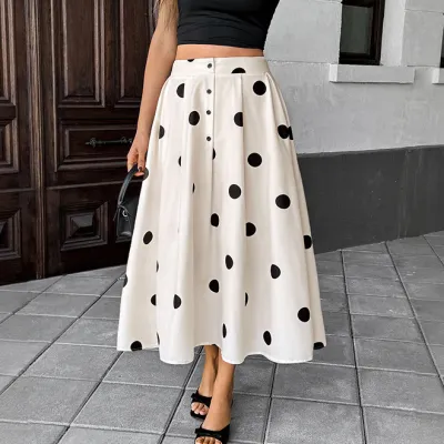 Women Fashion Elegant Summer Polka Dot Print Loose A- Line Skirt