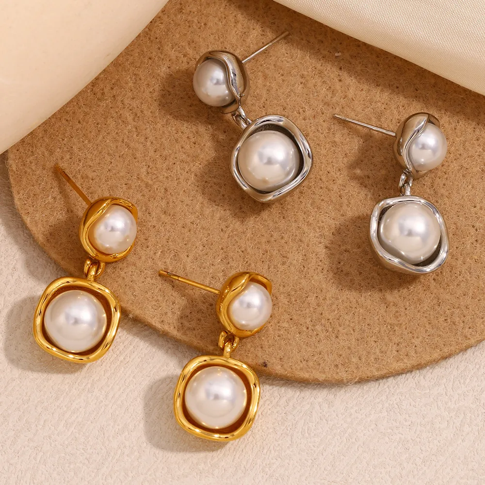 Women Fashion 316L Stainless Steel Plated 18k Gold Large Pearl Earrings