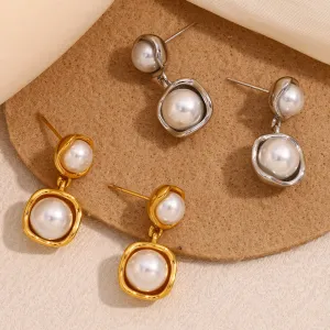 Women Fashion 316L Stainless Steel Plated 18k Gold Large Pearl Earrings