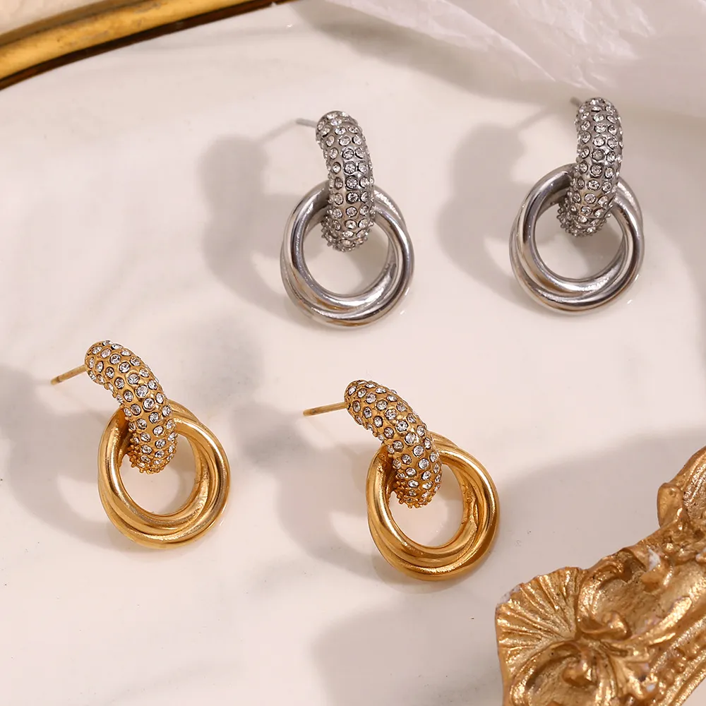 Women Fashion 316L Stainless Steel Plated 18k Gold White Zircon Earrings