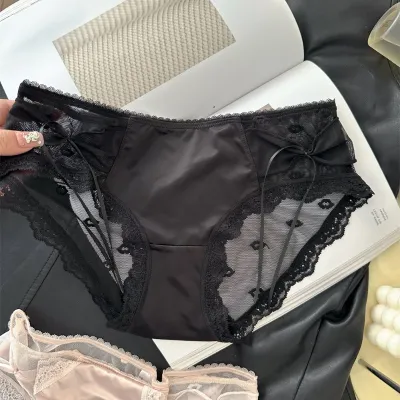 Women Sexy Mesh Lace Stitching Bow Antibacterial Underwear