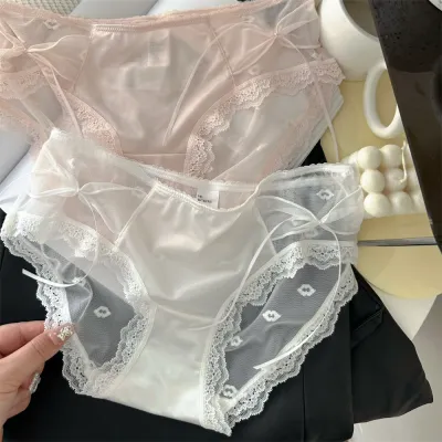 Women Sexy Mesh Lace Stitching Bow Antibacterial Underwear