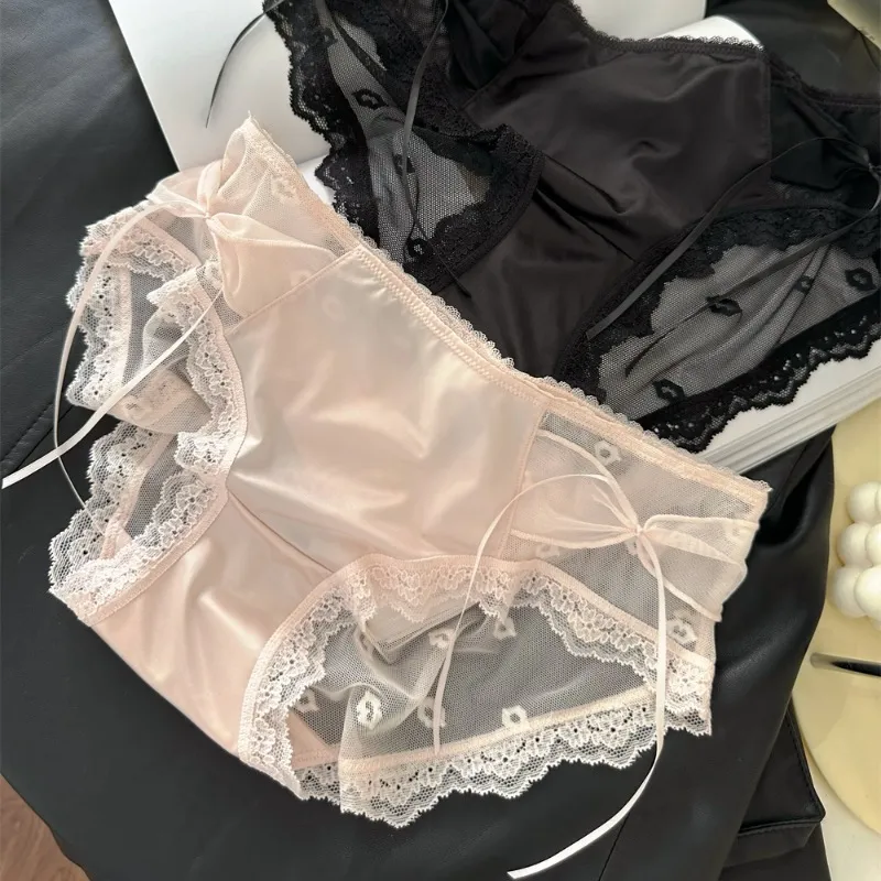 Women Sexy Mesh Lace Stitching Bow Antibacterial Underwear