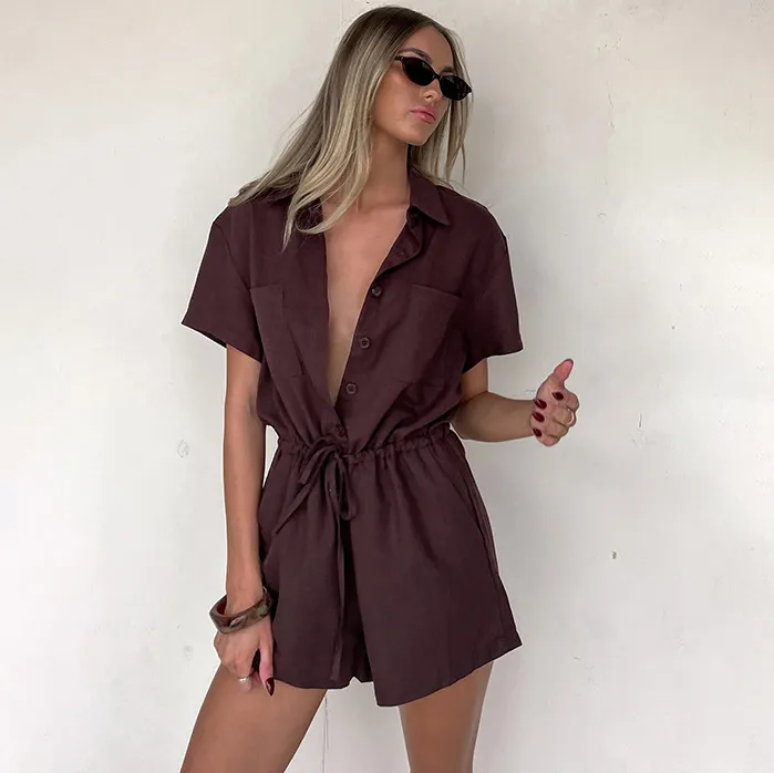 Women Fashion Casual Summer Solid Color Lapel Short-Sleeve Rompers