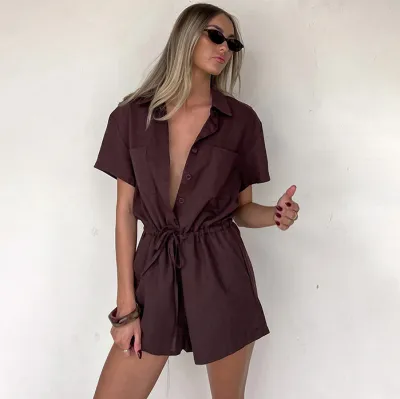 Women Fashion Casual Summer Solid Color Lapel Short-Sleeve Rompers