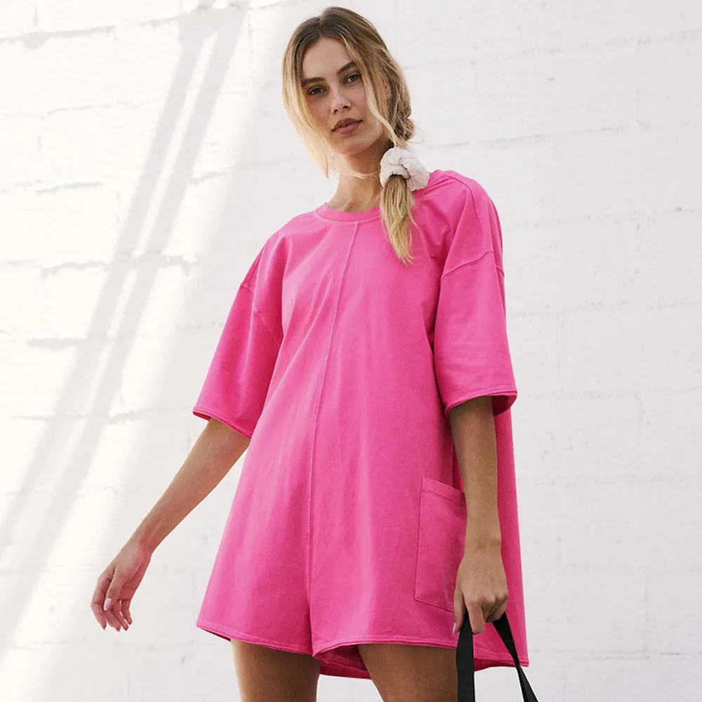 Women Fashion Casual Summer Solid Color Round-Neck Short-Sleeve Backless Loose Rompers