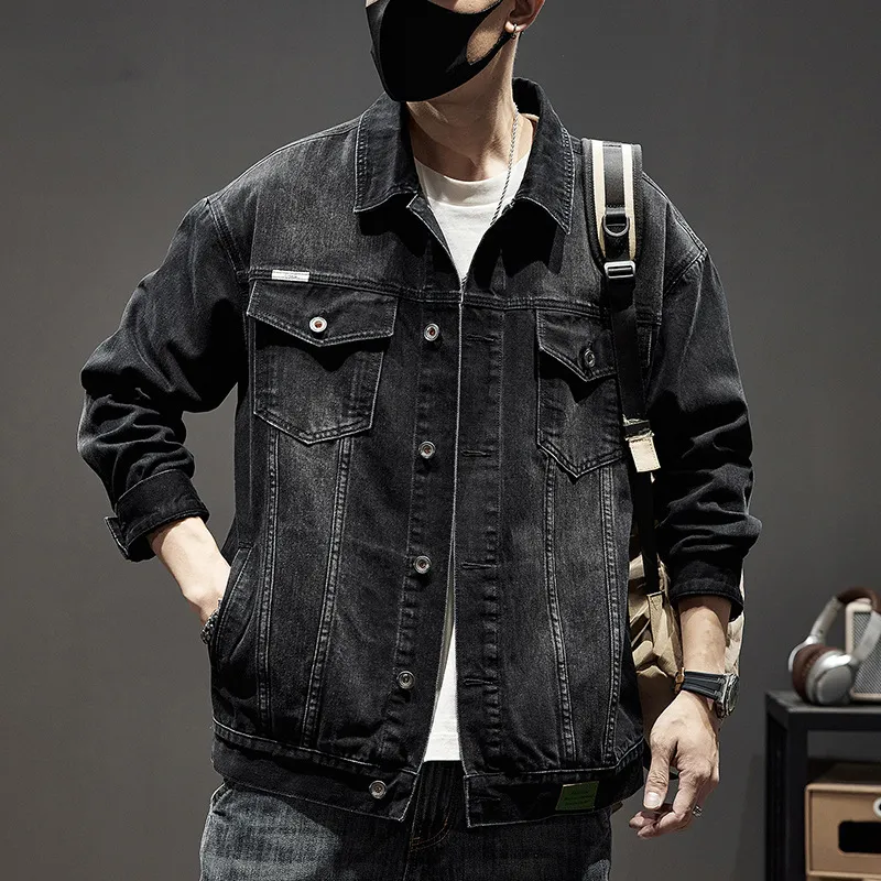 Men's Vintage Wash Water Denim Jacket Long Sleeve Loose Fit with Turn-Down Collar