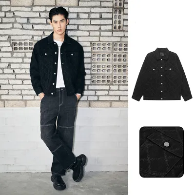 Men Fashion Casual Spring Black Checkerboard Plaid Lapel Long-Sleeve Loose Denim Jacket
