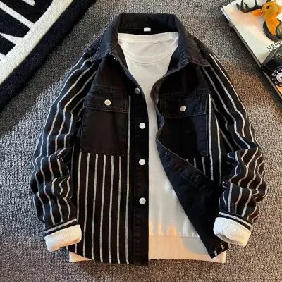 Men Fashion Casual Spring Black Checkerboard Plaid Lapel Long-Sleeve Loose Denim Jacket