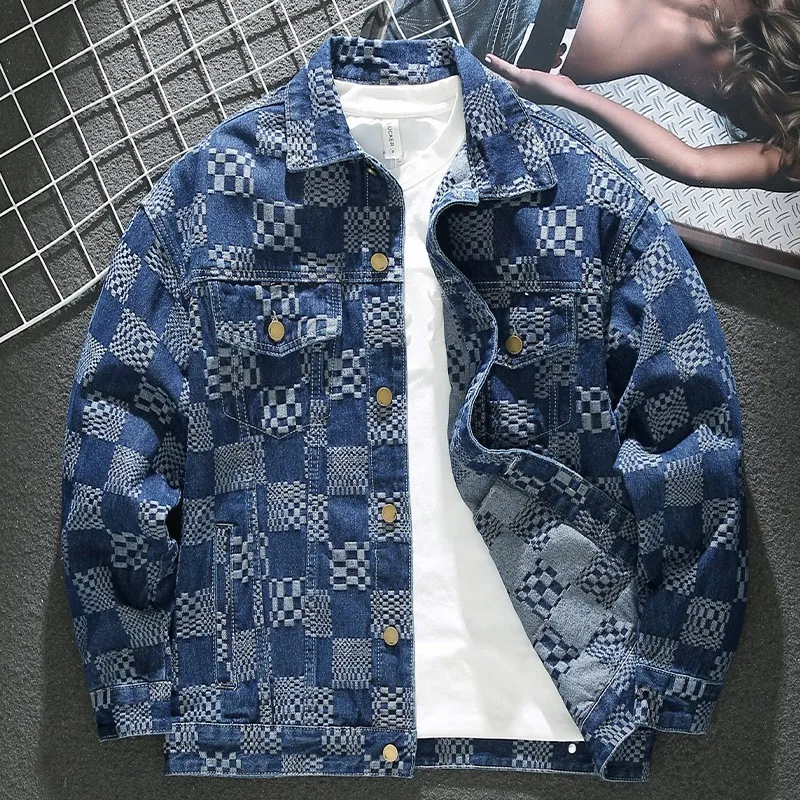 Men Fashion Casual Spring Black Checkerboard Plaid Lapel Long-Sleeve Loose Denim Jacket
