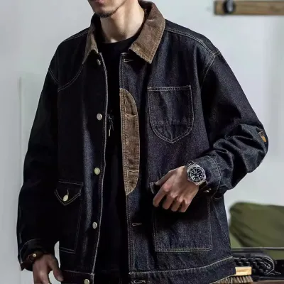 Men Fashion Casual Spring Corduroy Patchwork Lapel Long-Sleeve Loose Denim Jacket