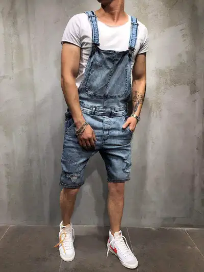 Men'S Fashion Casual Retro Denim Overalls Straight-Leg Mid-Waist