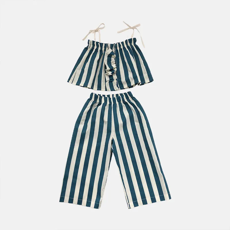 Kids Girls Basic Sleeveless Stripe Print Tops and Loose Pants 2pcs Set