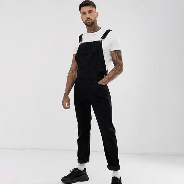 Men's Fashion Casual Solid Color Ripped Denim Overalls Long Straight-Cut Mid-Waist