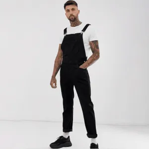 Men's Fashion Casual Solid Color Ripped Denim Overalls Long Straight-Cut Mid-Waist
