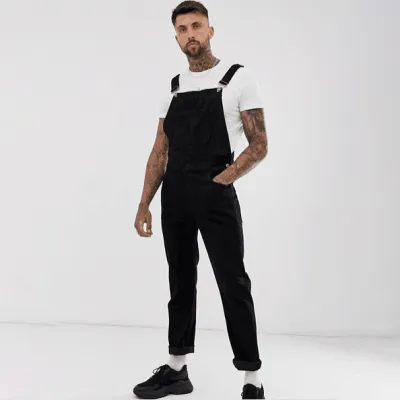 Men's Fashion Casual Solid Color Ripped Denim Overalls Long Straight-Cut Mid-Waist