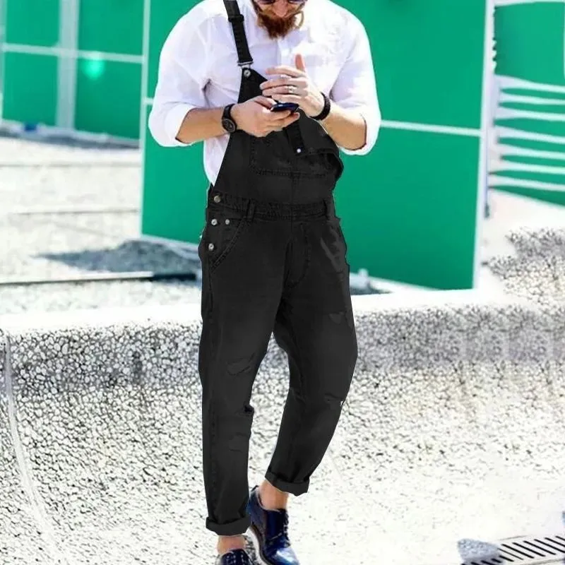 Men's Fashion Casual Ripped Denim Overalls Mid-Waist Straight-Leg
