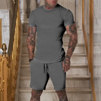 Men Slim Fit Short Sleeve T-Shirt And Shorts Two-Piece Set Summer Casual