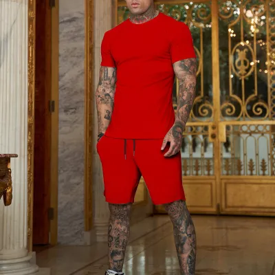 Men Slim Fit Short Sleeve T-Shirt And Shorts Two-Piece Set Summer Casual