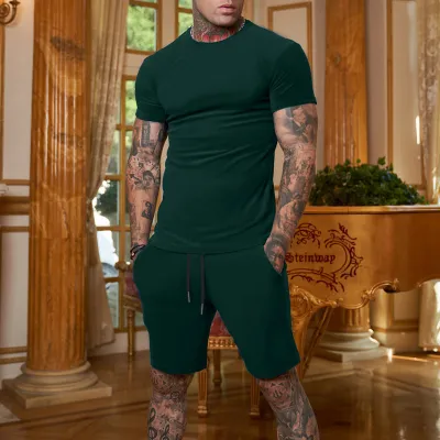 Men Slim Fit Short Sleeve T-Shirt And Shorts Two-Piece Set Summer Casual